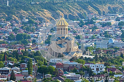 View of Tbilisi with Sameba, Trinity Church and other landmarks Stock Photo
