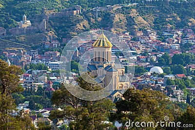 View of Tbilisi with Sameba, Trinity Church and other landmarks Stock Photo