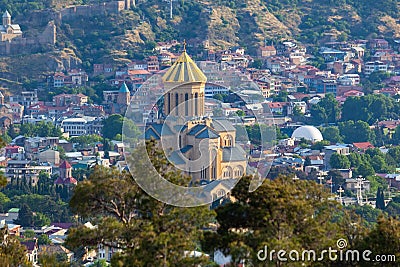 View of Tbilisi with Sameba, Trinity Church and other landmarks Stock Photo