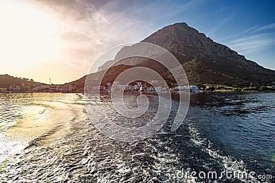 A view of the Telendos island, from the boat in Kalymnos island, Greece. Stock Photo
