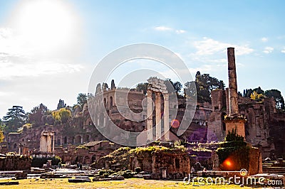 View on the Temple of Castor and Pollux and on Domus Tiberiana palace remains ruins as a part of west edge of Palatine hill with Editorial Stock Photo