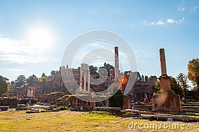 View on the Temple of Castor and Pollux and on Domus Tiberiana palace remains ruins as a part of west edge of Palatine hill with Editorial Stock Photo