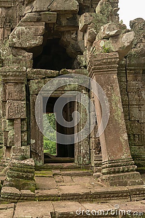 View through temple doorway with wonky pillar Stock Photo