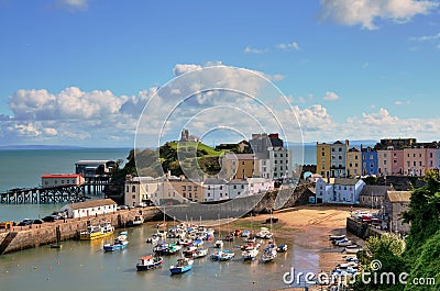 View of Tenby Harbour, with Castle Hill. Stock Photo