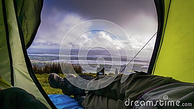 View from tent on bay in Sligo Benbulben, Irish mountain Stock Photo