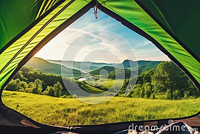 view from the tent to green hills on summer shiny day. Generative AI Stock Photo