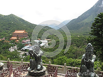 View from Tian Tan Buddha towards Po Lin monastery, Lantau island, Hong Kong Stock Photo