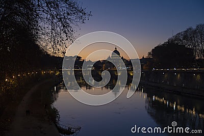 View from the tiber river of St. Peter`s Basilica at sunset, Vatican, Rome, Italy Stock Photo