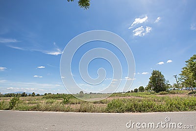 View of tillage rice field and the road with blue sky background and afternoon sunlight at lampoon thailand Stock Photo