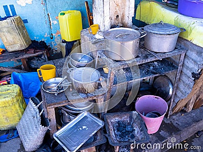 view of tinware in the street kitchen of Toliary, Madagascar Stock Photo