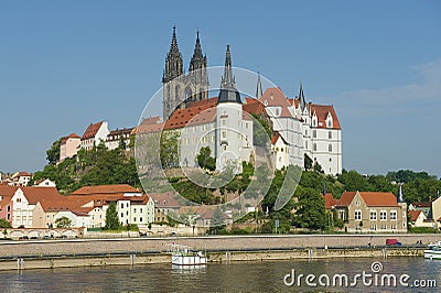 View to the Albrechtsburg castle and Meissen cathedral from across the Elbe river in Meissen, Germany. Stock Photo