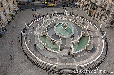 View to baroque fountain with nude figurines on piazza Pretoria Editorial Stock Photo