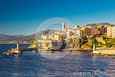 View to Bastia old city center, lighthouse and harbour Stock Photo