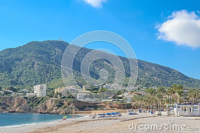 View to beautiful Albir town with main boulevard promenade, seaside beach and Mediterranean sea. Albir is small Stock Photo