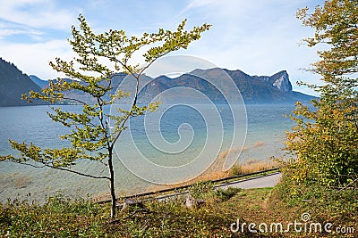 View to beautiful lake Mondsee, in autumnal landscape austria, above the roadside Stock Photo