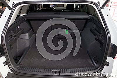 View to the black interior of Skoda Kodiaq with large trunk anÐ² opened door after cleaning before sale on parking Editorial Stock Photo