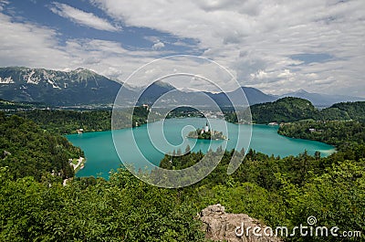 View to Bled lake with St. Marys Church of the Assumption on the small island. Bled, Slovenia, Europe Stock Photo