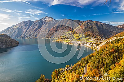 Brunnen town, Swiss Alps and Lucerne lake from Morschach, Switzerland Stock Photo
