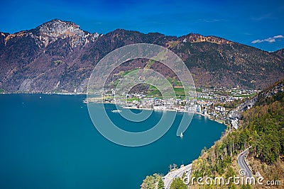 View to Brunnen town, Swiss Alps and Lucerne lake from Morschach, Switzerland Stock Photo