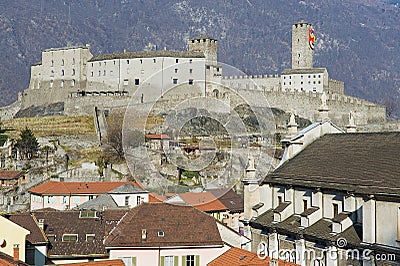 View to the Castelgrande castle and the Collegiate Church in Bellinzona, Switzerland. Editorial Stock Photo