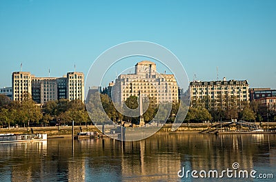 A view to Cleopatra`s Needle and Shell-mex House at Victoria Emb Editorial Stock Photo