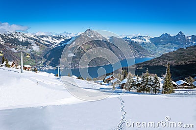 View to Grosser, Kleiner Mythen, lake Luzern and Rigi from Klewenalp ski resort Stock Photo