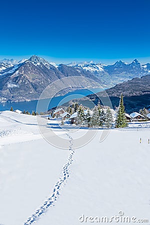 View to Grosser, Kleiner Mythen, lake Luzern and Rigi from Klewenalp ski resort Stock Photo