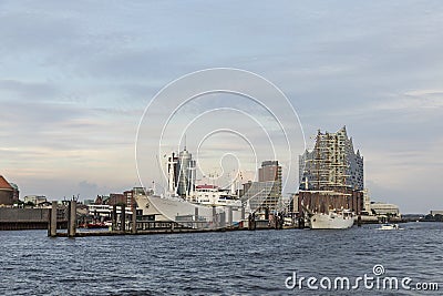 View to harbor of Hamburg with historic Cap San Diego and famous Elb Philharmony Editorial Stock Photo