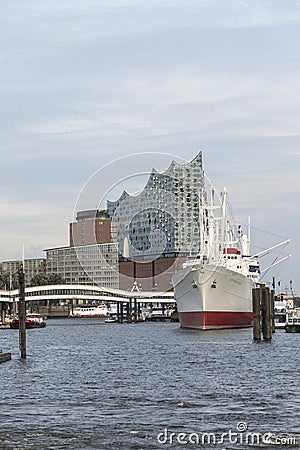View to harbor of Hamburg with historic Cap San Diego and famous Elb Philharmony Editorial Stock Photo
