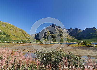 View To The Higravstindan Mountain In Laupstad On Austvagoy Island Of Lofoten At Austnesfjord Stock Photo