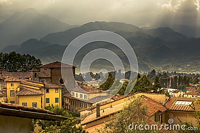 View to Italian medieval mountain village Castelnuovo di Garfagnana Stock Photo