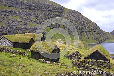 View to little cottages in Saksun, Faroe Islands Stock Photo