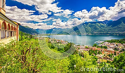 View to Locarno city, lake Maggiore and Swiss Alps in Ticino from Madonna del Sasso Church, Switzerland. Stock Photo