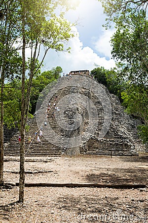 View to the Mayan Nohoch Mul pyramid in Coba Stock Photo