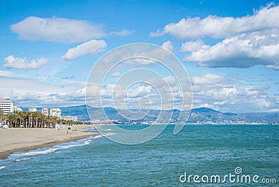 A view to Mediterranean sea and Torremolinos beaches with mountains on the background Editorial Stock Photo