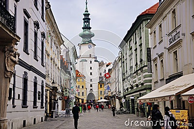 View to Michael`s Gate in the old town Bratislava, Slovakia. Editorial Stock Photo