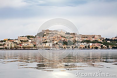 view to Milazzo Sicily Italy with castle from sea Stock Photo