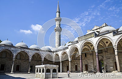 View to Minaret from Courtyard of Suleymaniye Mosque an old Ottoman imperial mosque. Istanbul Editorial Stock Photo