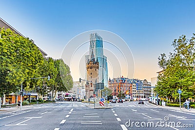 view to modern hotel Jumeirah and Esdchersheimer tower in Frankfurt, Germany Editorial Stock Photo