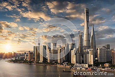 View to the modern skyline of Shanghai, China, on the Huangpu river Stock Photo