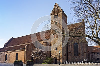 View to the old church Greyfriars Abbey in the centre of the Swedish town Ystad, interesting brick architecture Stock Photo