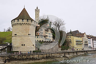 View to the old towers and city wall of Lucerne, Switzerland. Editorial Stock Photo