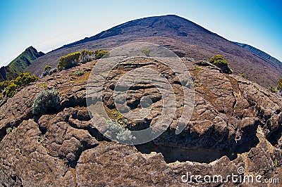 View to the Plaine des Sables at 2260 m above sea level near Piton de la Fournaise volcano at La Reunion island. Stock Photo