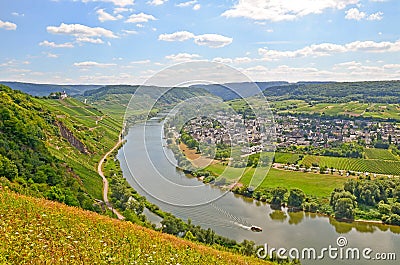 View to river Moselle and Marienburg Castle near village Puenderich - Mosel wine region in Germany Stock Photo