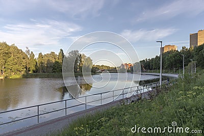 View to the river and skyscrapers in park. Riga, Latvia Stock Photo