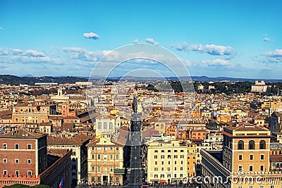 View to rooftops of Rome skyline from the Monument of Vittorio Emanuele at Piazza Venezia in Rome, Italy Editorial Stock Photo