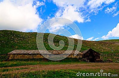 View to ruins of Orbelian`s Caravanserai aka Sulema Caravanserai at Selim pass, Vayots Dzor, Armenia Stock Photo