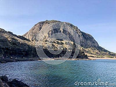 View to Sanbangsan Mountain from the sea. Jeju island, South Korea Stock Photo