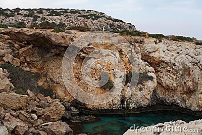 View to the sea, Cyprus, Protaras, May 2018. Beautiful blue sea. Rocks and mountains. Stock Photo