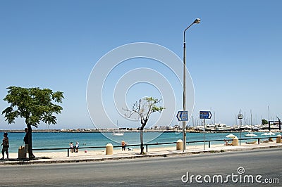 View to the sea from the roadside in Rhodes. Stock Photo